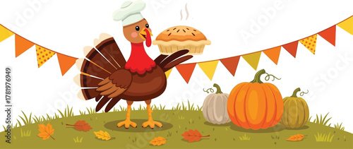 Joyful turkey chef presents delicious pie with pumpkins and festive bunting, celebrating Thanksgiving autumn abundance