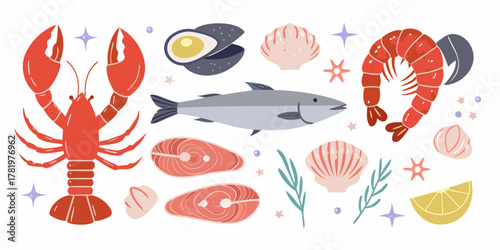 A vibrant collection of fresh seafood illustrations including lobster shrimp fish salmon steaks oysters scallops and lemon slices
