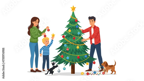 Holiday Cheer: Family decorating a christmas tree in a joyful display of holiday spirit and togetherness.