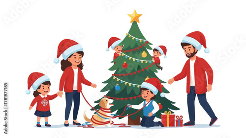 Festive Family Christmas Gathering: Capture the joy of Christmas as a family unites around a beautifully decorated Christmas tree, with presents and a playful dog creating a scene of warmth, love.