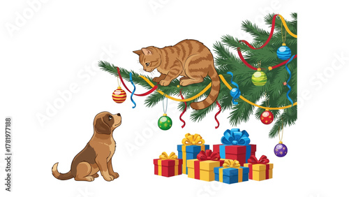 Festive Friends: A curious puppy gazes up at a playful cat perched on a decorated tree, surrounded by wrapped gifts, evoking the spirit of holiday cheer and camaraderie.