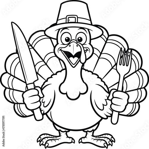 Joyful cartoon turkey wearing Pilgrim hat, holding fork and knife, ready for Thanksgiving feast, perfect for holiday designs