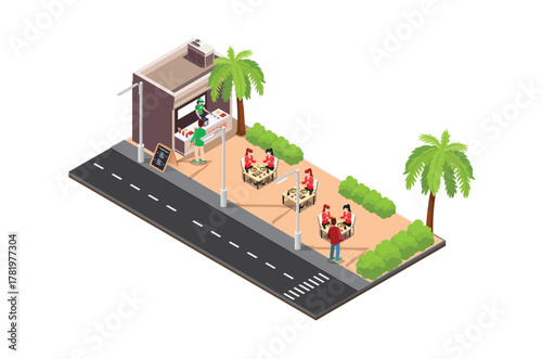 Vector illustration of eating dimsum and noodles on the side of the road, with a 3d isometric style. Suitable for infographics, game assets and other graphic related assets