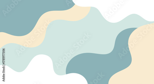 Abstract modern background with soft pastel color wavy shapes. Minimalist fluid organic forms in blue, beige, and white for wallpaper or banner design