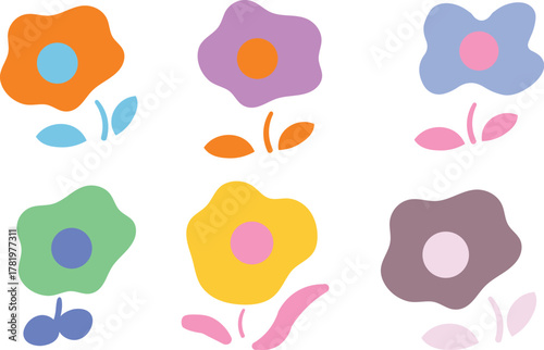 Six colorful abstract flowers with stems and leaves, isolated on white background
