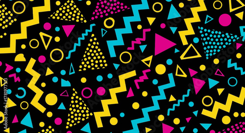 Retro Memphis Pattern with Geometric Shapes in Bright Colors