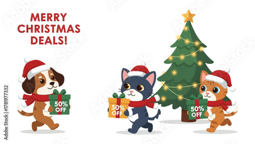 Christmas Deals with Animals: Three adorable animals, a dog and two cats, spread holiday cheer as they proudly present gifts beside a Christmas tree. Embodying the spirit of giving and seasonal joy.