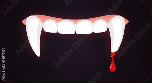 Vampire teeth with blood dripping, a classic symbol of horror and the supernatural perfect for halloween or gothic themes