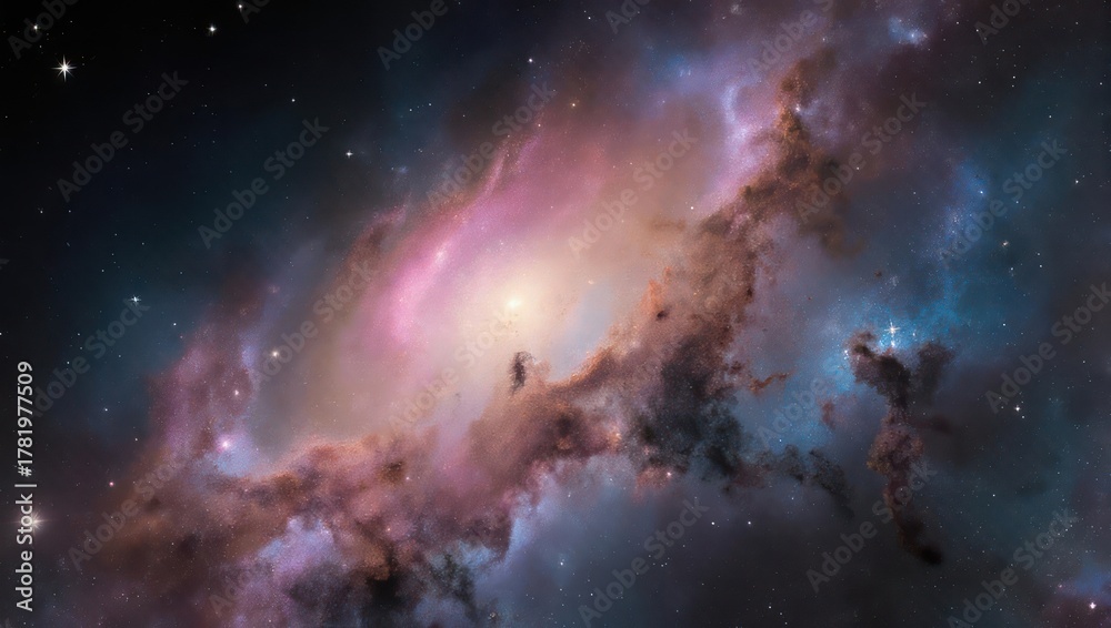 Fototapeta premium A colorful cosmic nebula fills space, showcasing ethereal clouds and bright, central light