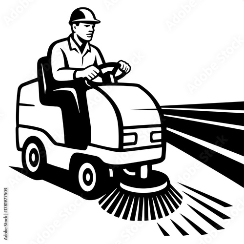 Runway Worker Operating Sweeper Machine