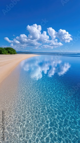 Vivid Blue Ocean Reflects Fluffy White Clouds on a Sunny Day Over a Serene Sandy Beach with Lush Greenery in the Distance