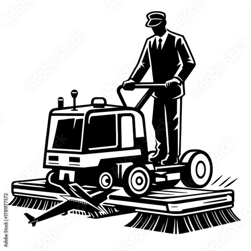 Runway Worker Operating Sweeper Machine