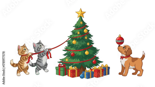 Festive Feline and Canine: Two playful cats team up with a curious puppy to celebrate Christmas, surrounded by a decorated tree, gift boxes, and a star-topped tree.