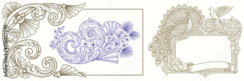 engraving illustration of victorian, rococo, baroque style elements. book cover, social media, t shirt design application
