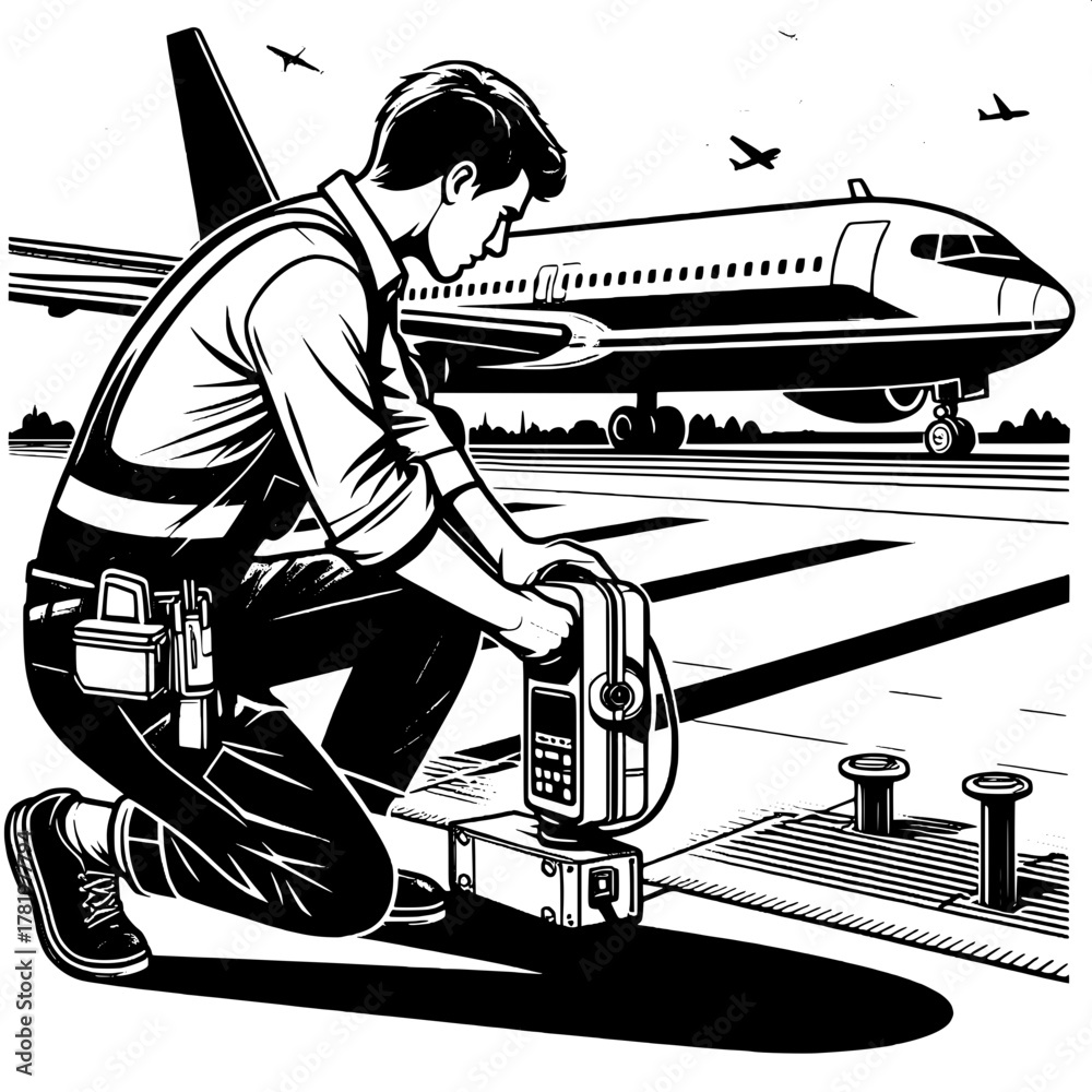 Fototapeta premium Worker Operating Runway Measuring Device
