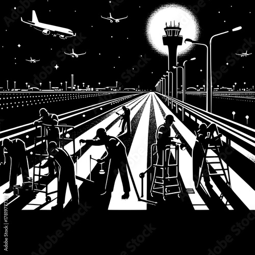 Workers Installing Runway Lights