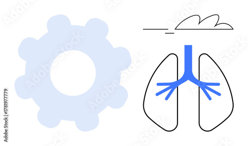 Gear symbol beside lung diagram with branching airways, representing engineering, biology, and breath. Ideal for health, mechanics, innovation, science, anatomy bio-engineering simple flat metaphor