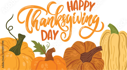 Celebrate Thanksgiving Day with vibrant pumpkins and festive orange lettering, perfect for autumn holidays and seasonal greetings