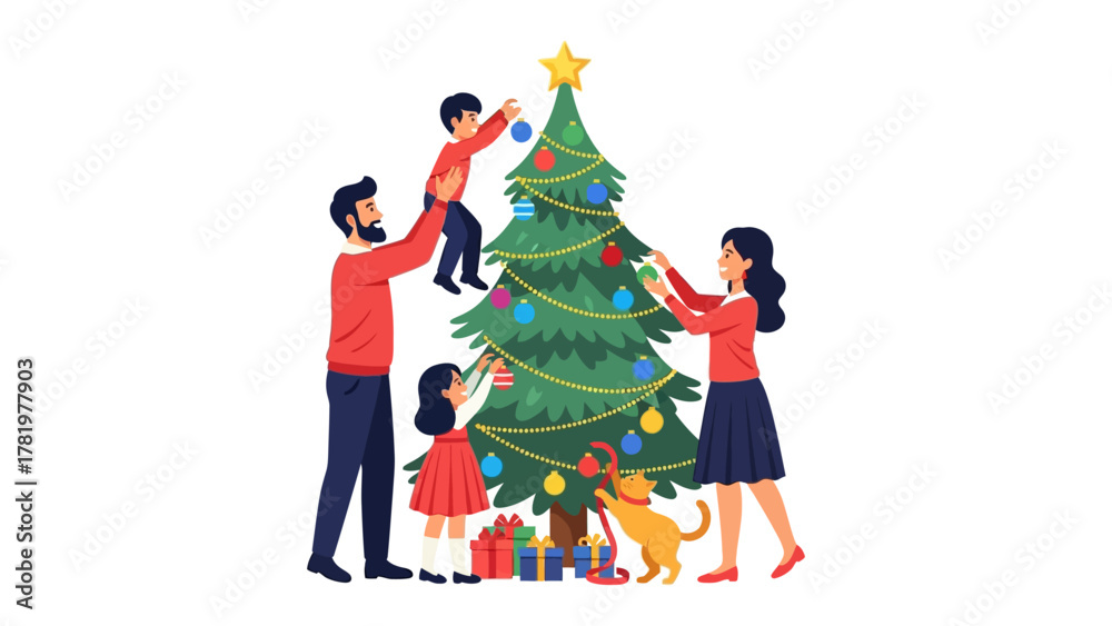Naklejka premium Festive Family Christmas: A loving family decorates a Christmas tree, filled with joy. A beautiful scene, creating a wonderful festive atmosphere.