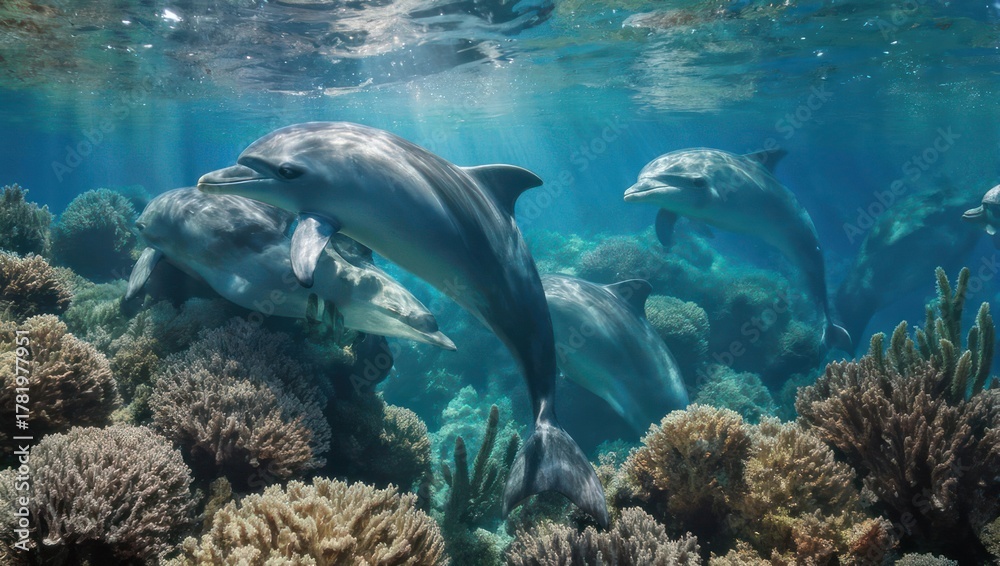 Fototapeta premium Underwater shot of several dolphins swimming above coral reefs in a sunlit ocean environment