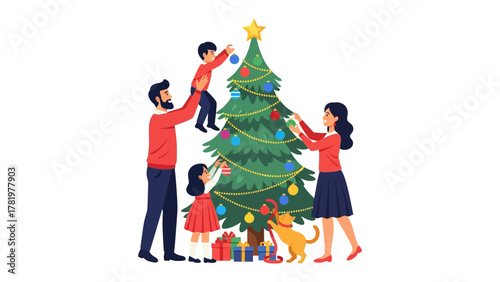 Festive Family Christmas: A loving family decorates a Christmas tree, filled with joy. A beautiful scene, creating a wonderful festive atmosphere.