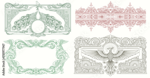 engraving illustration of victorian, rococo, baroque style elements. book cover, social media, t shirt design application