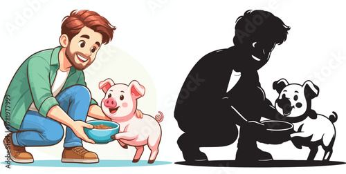 Vector set and shilhouttes image of a man feeding a pig on a white background