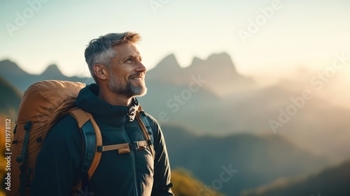 Mature male hiker 40s embraces nature adventure showing healthy lifestyle choice reflected in confident happy smile, enjoying freedom on solo trekking journey through vast mountain scenery at sunrise.