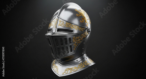 A highly detailed 3d render of a medieval knights helmet, showcasing intricate gold patterns and polished steel on a dark background