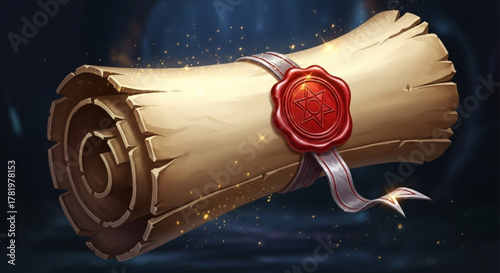 Illustration of a rolled parchment scroll tied with a ribbon and sealed with a wax seal, evoking a sense of mystery and adventure