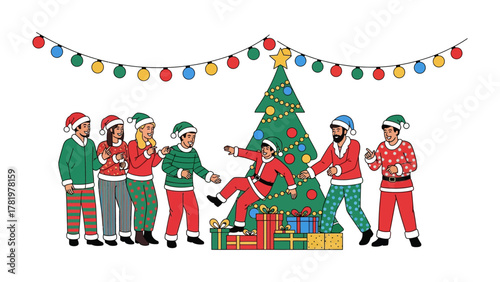 Festive Mishap: A humorous Christmas illustration of a jolly fellow experiencing an unexpected tumble near a decorated tree and gift. Capturing the spirit of joy and the occasional holiday mishap