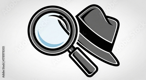 Illustration of a magnifying glass and fedora hat, symbolizing investigation and mystery a classic detective tool