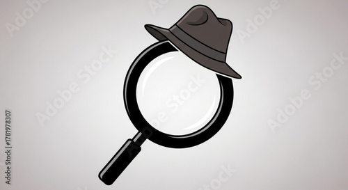 Illustration of a magnifying glass and fedora hat, symbolizing investigation and mystery a classic detective tool
