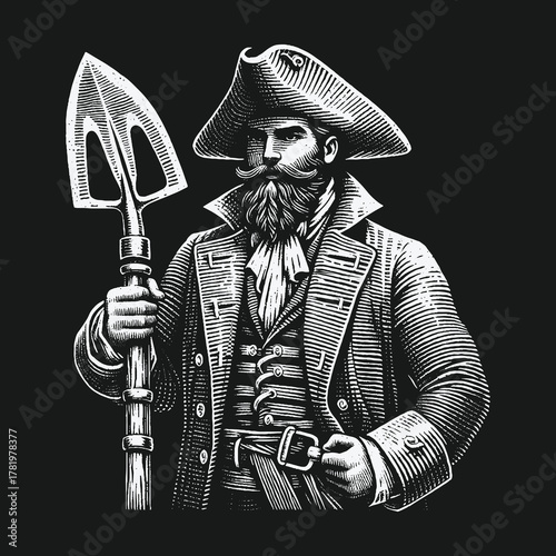 Bearded pirate treasure hunter with a shovel in a vintage engraving style.