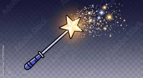 A magical wand with a star at the end emitting sparkles and light, creating a whimsical and enchanting atmosphere on transparent background
