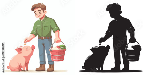 Vector set and shilhouttes image of a man feeding a pig on a white background