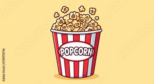 Popcorn in red and white striped bucket on yellow background, snack for movie time, cinema food