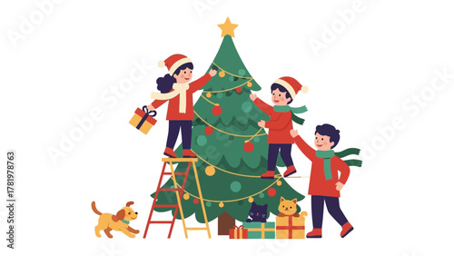 Joyful Family Decorating a Christmas Tree: A festive scene unfolds as a family, filled with happiness, adorns a Christmas tree with ornaments, the scene set for a season of warmth, and giving.