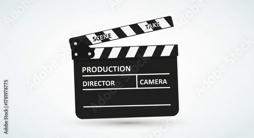 Black and white clapperboard with production director and camera for filmmaking and movie production concept