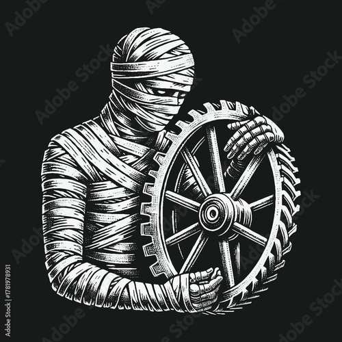 Monochrome illustration of a bandaged mummy figure holding a large industrial gear.