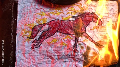animated video of drawings on sheets with colored pencils with fire year of the red fire horse 2026