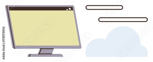 Computer monitor beside a stylized cloud and navigation bars, symbolizing cloud computing, online storage, digital technology, data sharing, web applications, connectivity, and innovation. A simple