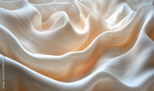 Elegant flow of sheer beige silk fabric texture with soft waves and luxurious folds background