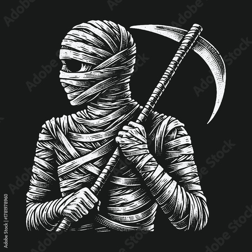 Monochrome hand drawn illustration of a mummy holding a scythe.
