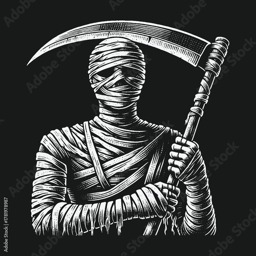 Ancient mummy holding a grim reaper scythe vintage illustration.