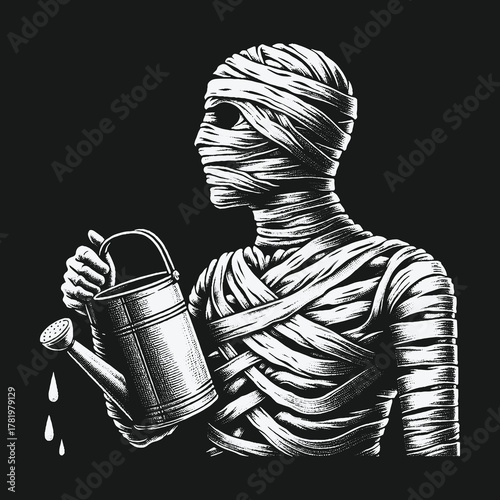 Monochrome vintage illustration of a mummy holding a watering can.