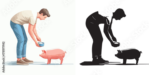 Vector set and shilhouttes image of a man feeding a pig on a white background