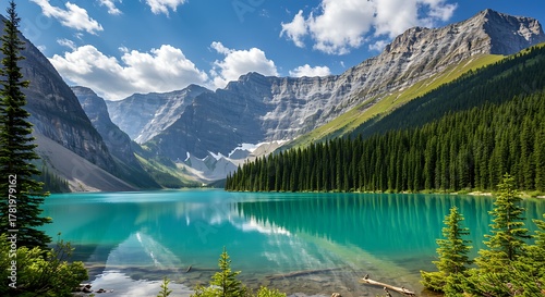 Turquoise lake reflects majestic mountains and pine forest