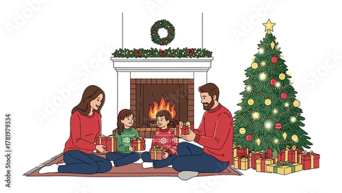 Festive Family Moments by the Fireplace: A heartwarming scene unfolds as a family gathers joyfully around the fireplace.