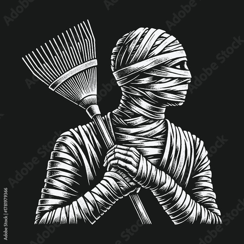 Monochrome vintage illustration of a mummy holding a garden rake.
